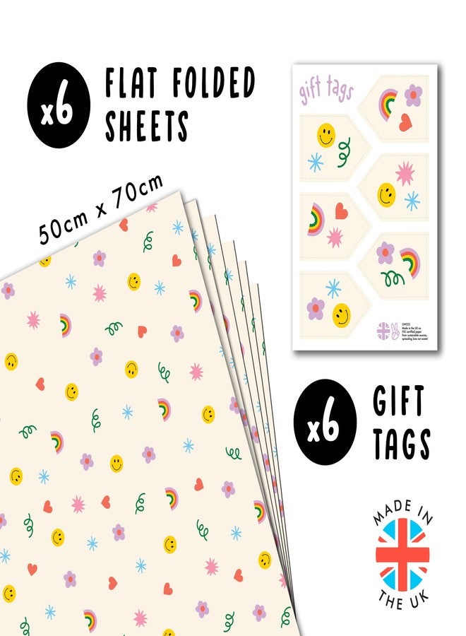 CENTRAL 23 - Cute Wrapping Paper - 6 Sheets of Birthday Gift Wrap - Rainbows Smileys Hearts - For Children - Girls Boys - Recyclable - Image 2